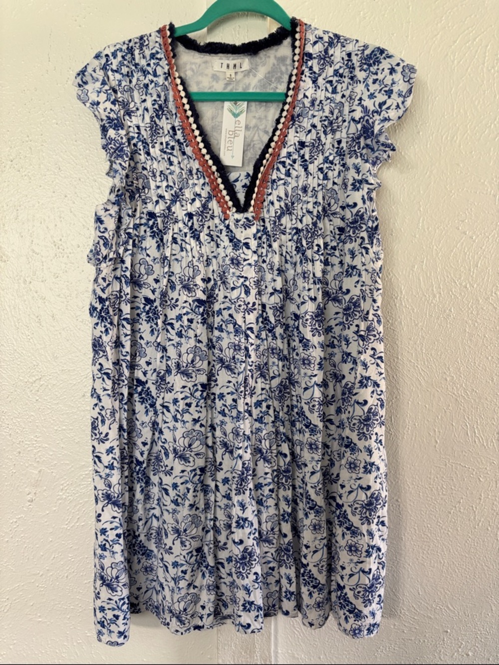 THML Blue & White Floral Mini Dress with Contrasting Trim